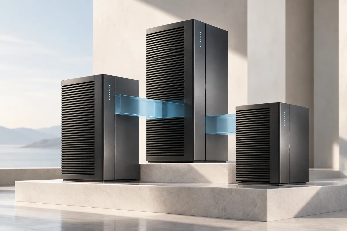 Conceptual illustration of modular graphite servers connected by blue glass